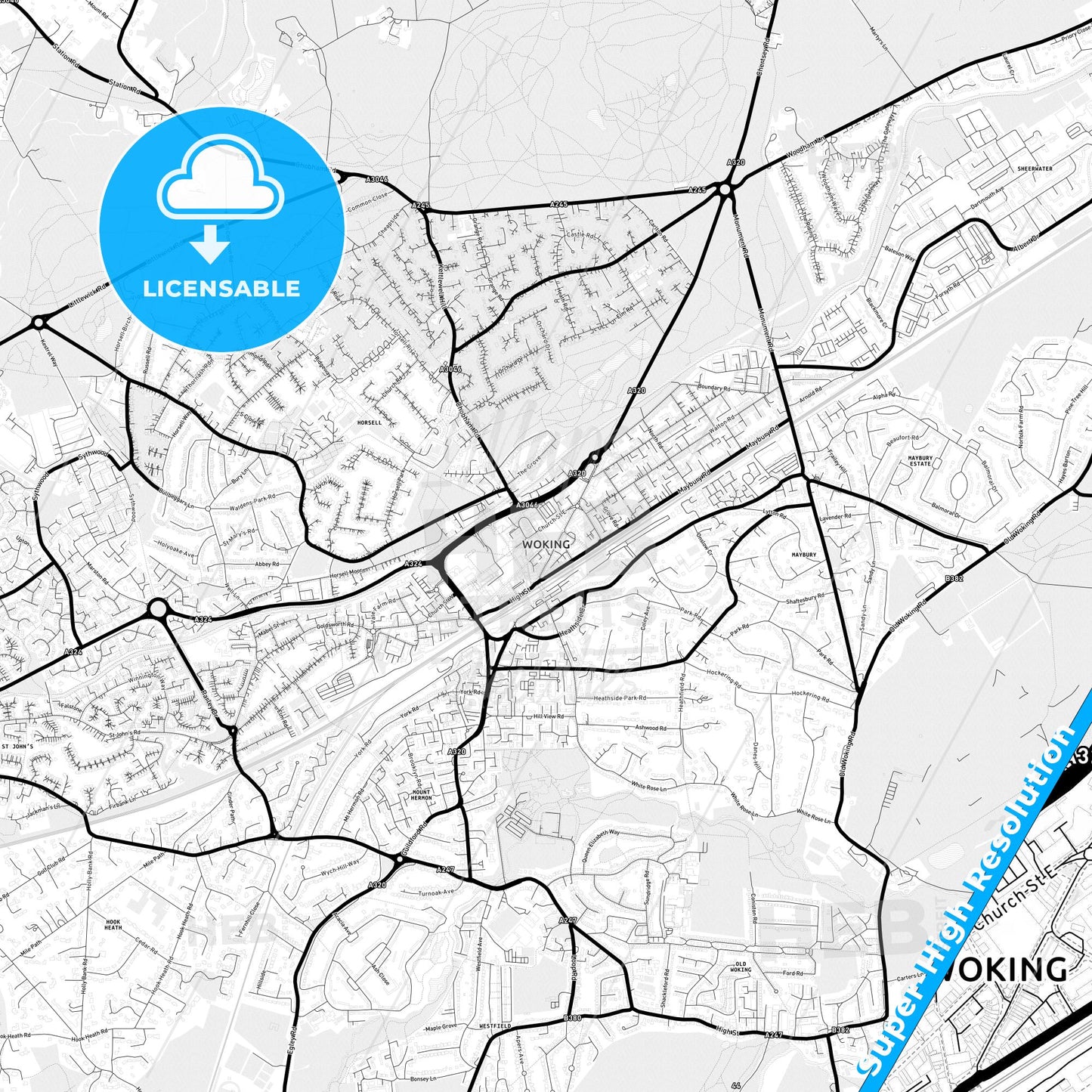 Woking, England Light Map with Street Names, City Names, and Districts