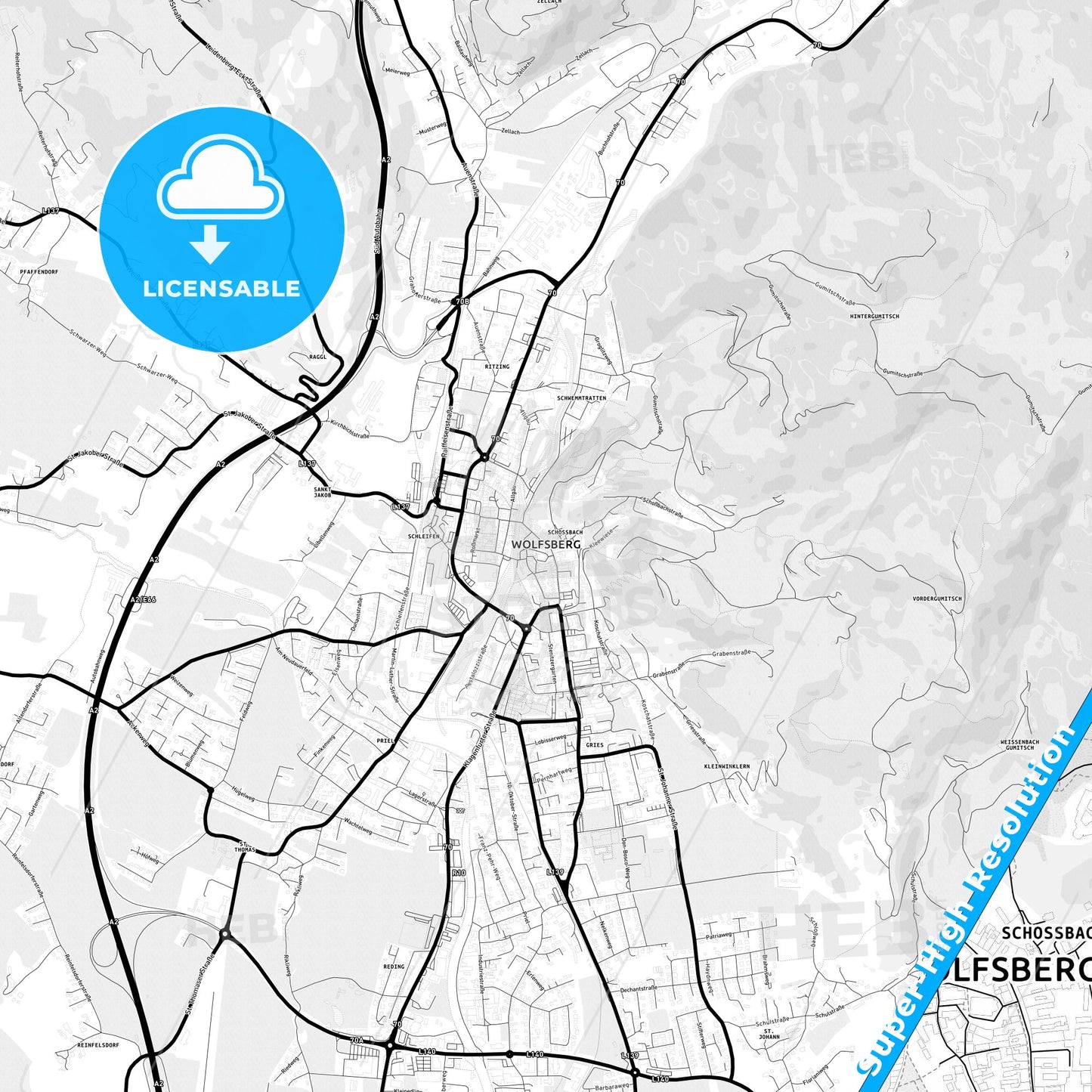 Wolfsberg, Austria Light Map with Street Names, City Names, and Districts