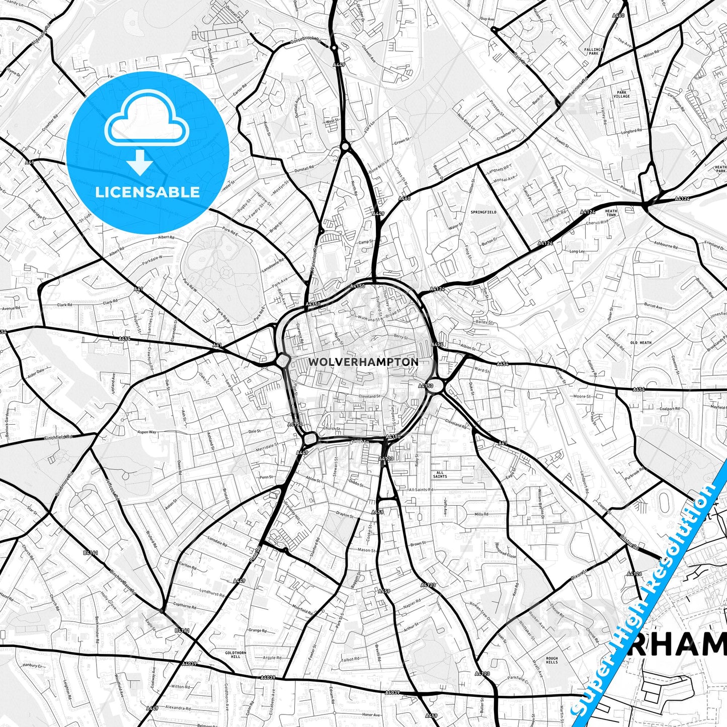 Wolverhampton, England Light Map with Street Names, City Names, and Districts