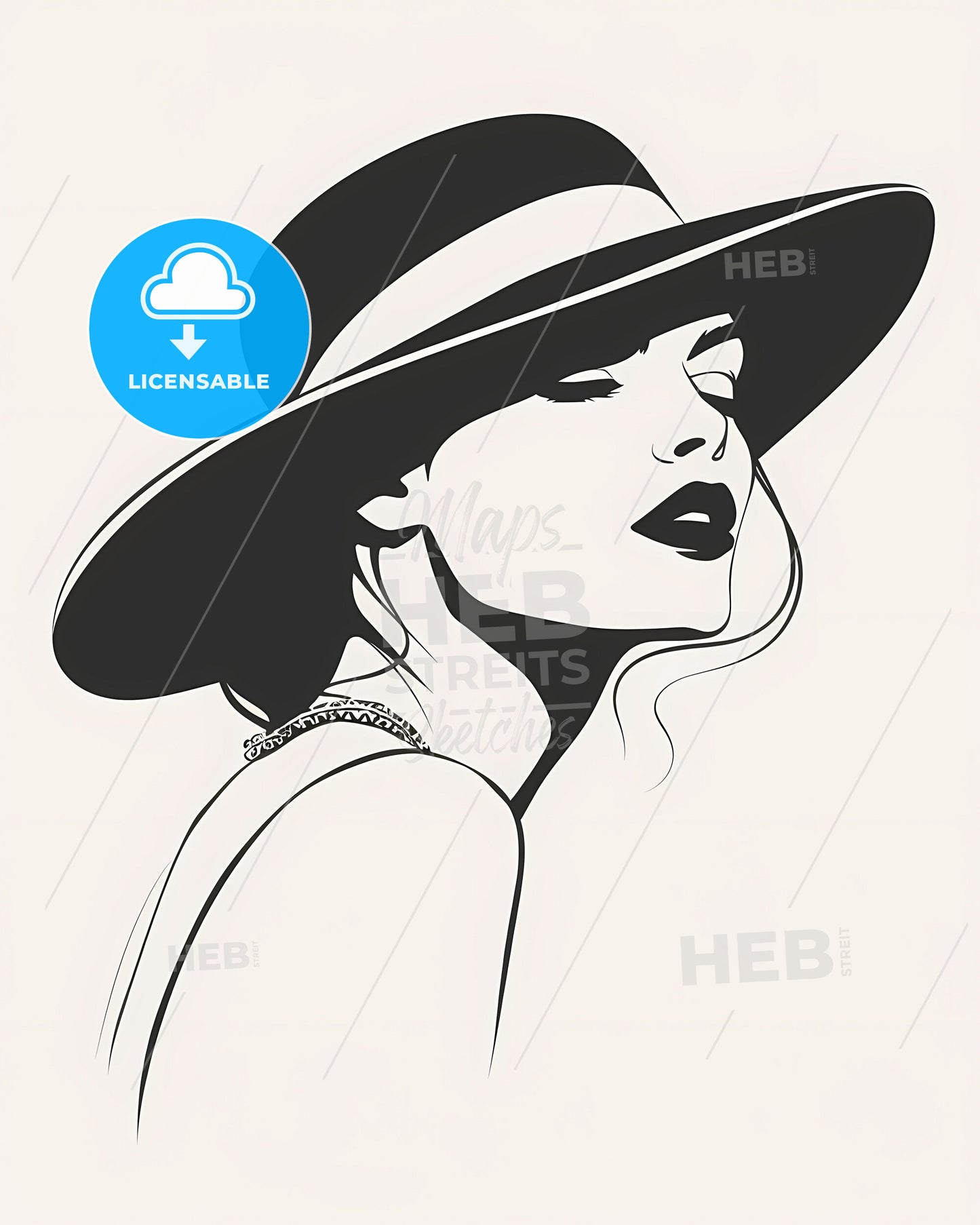 Minimalist Retro Fashion Illustration: Black and White Poster with Hat-Wearing Woman, Vibrant Painting, Art Focus