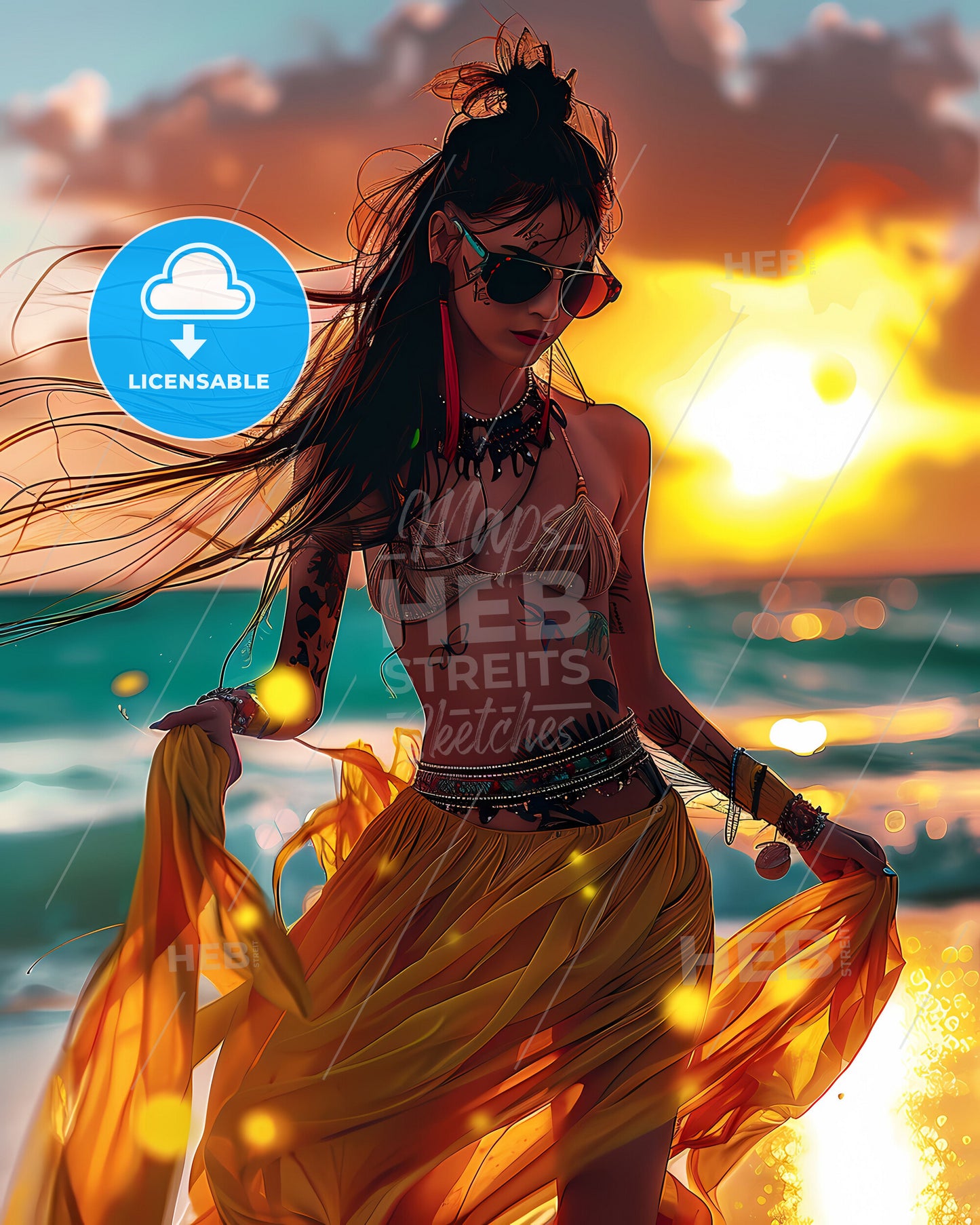 Vibrant Art Nouveau Print Woman Tropical Sunset Mauritius Ocean Festival Flyer