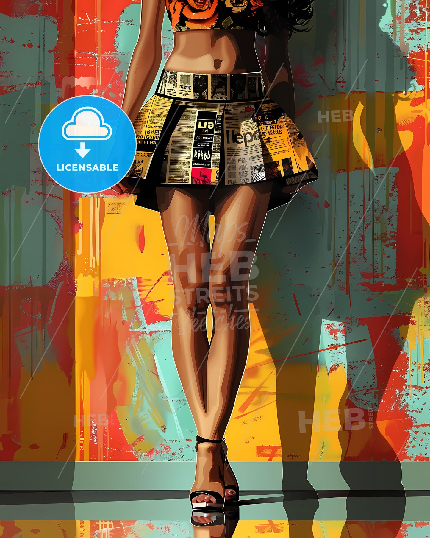 Pop Art Painting of Woman in Skirt: Full-Body, Vibrant, Modern, Contemporary, Abstract