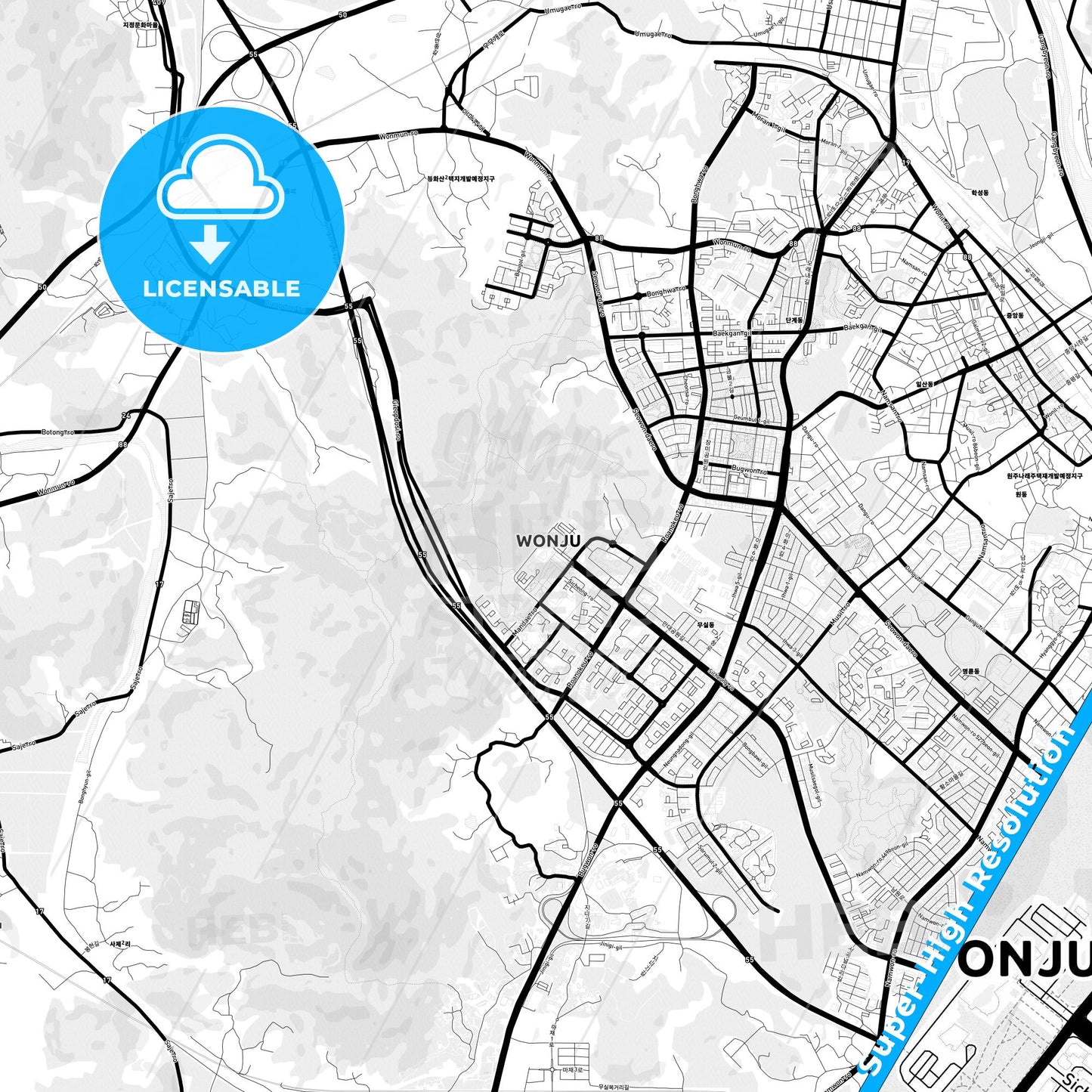 Wonju, South Korea Light Map with Street Names, City Names, and Districts