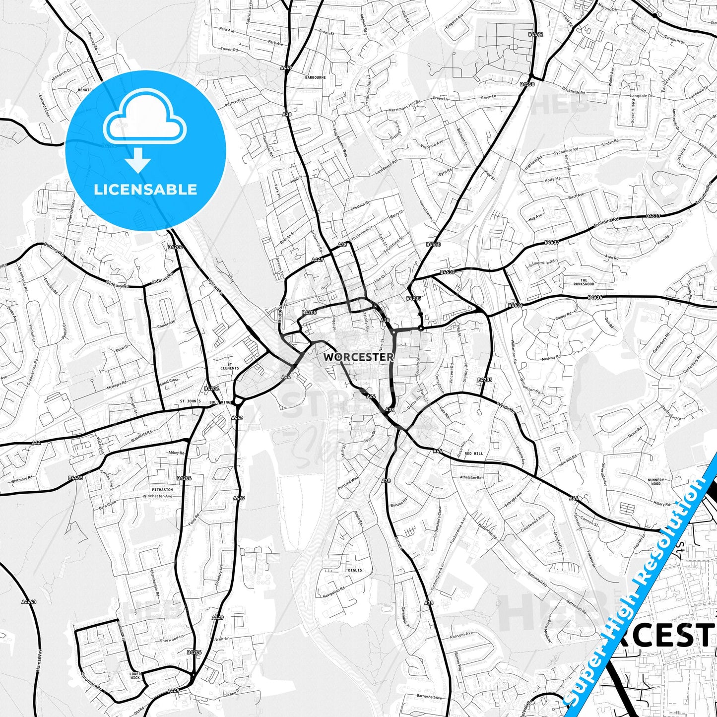 Worcester, England Light Map with Street Names, City Names, and Districts