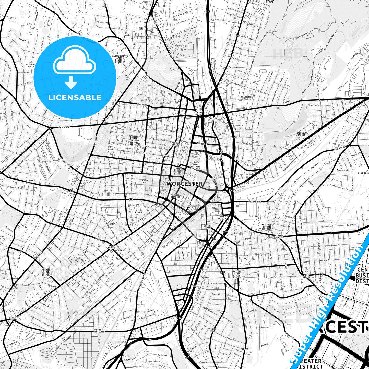 Worcester, Massachusetts Light Map with Street Names, City Names, and Districts