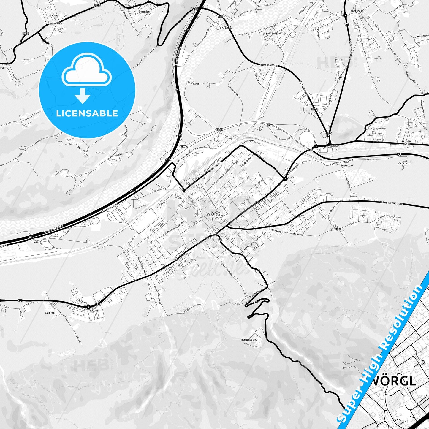 Wörgl, Austria Light Map with Street Names, City Names, and Districts