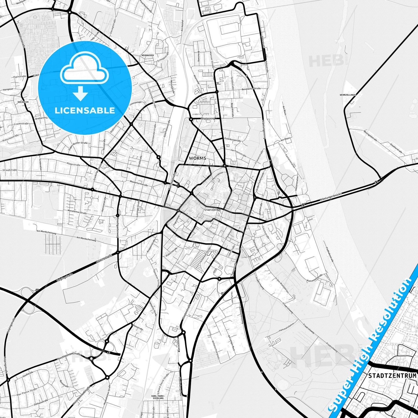 Worms, Germany Light Map with Street Names, City Names, and Districts