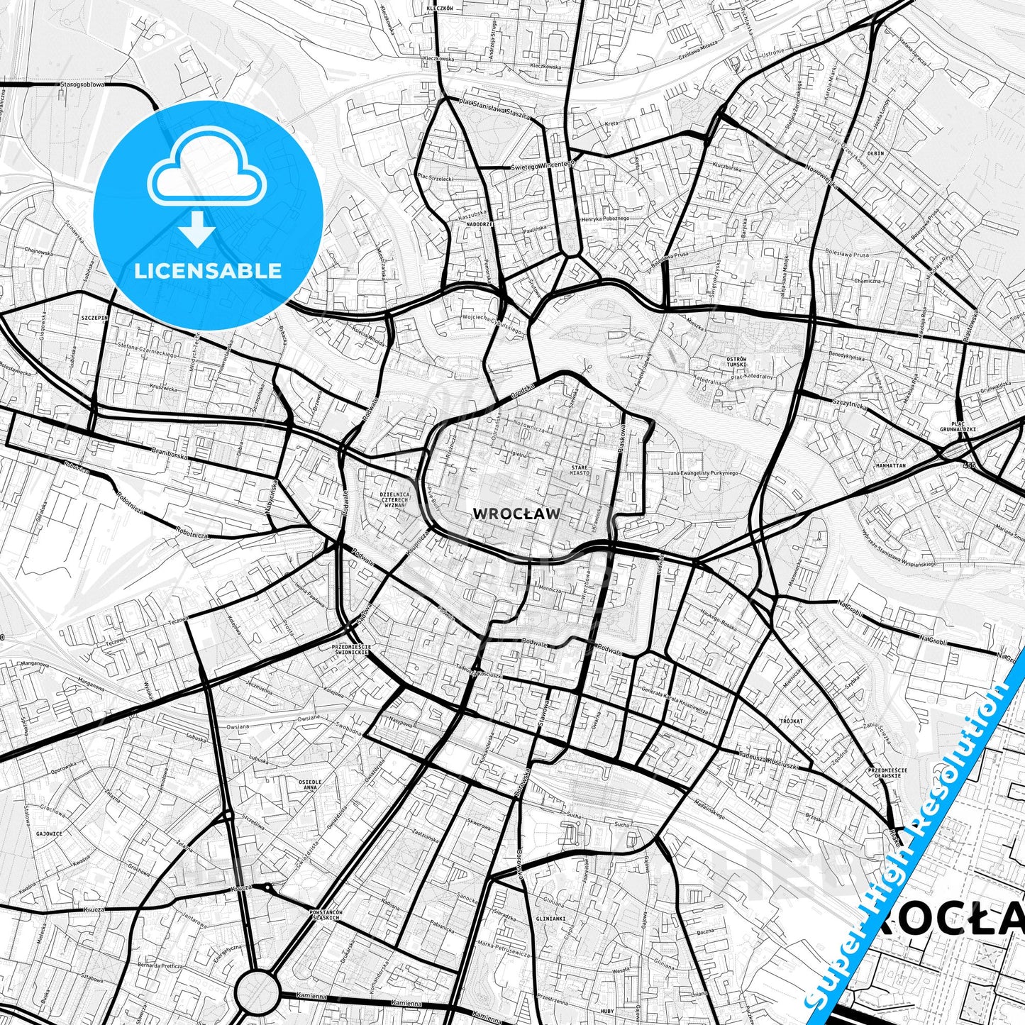 Wrocław, Poland Light Map with Street Names, City Names, and Districts