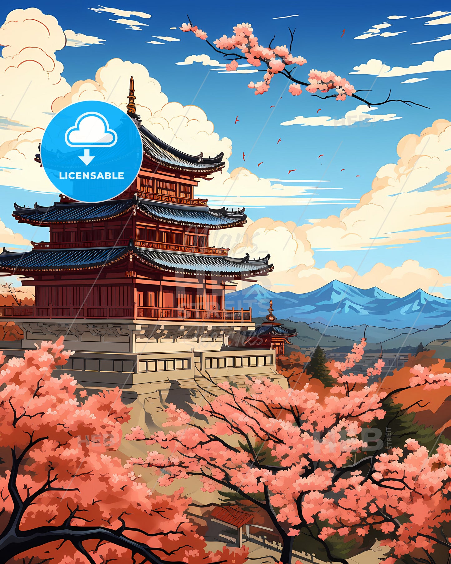 Wuhan China Skyline Vibrant Pagoda Painting Urban Landscape Mountains Trees