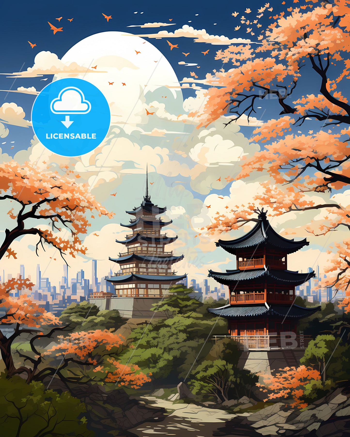 Vibrant Painting of Wuhan China Skyline with Building and Trees Depicting the City's Artistic Charm