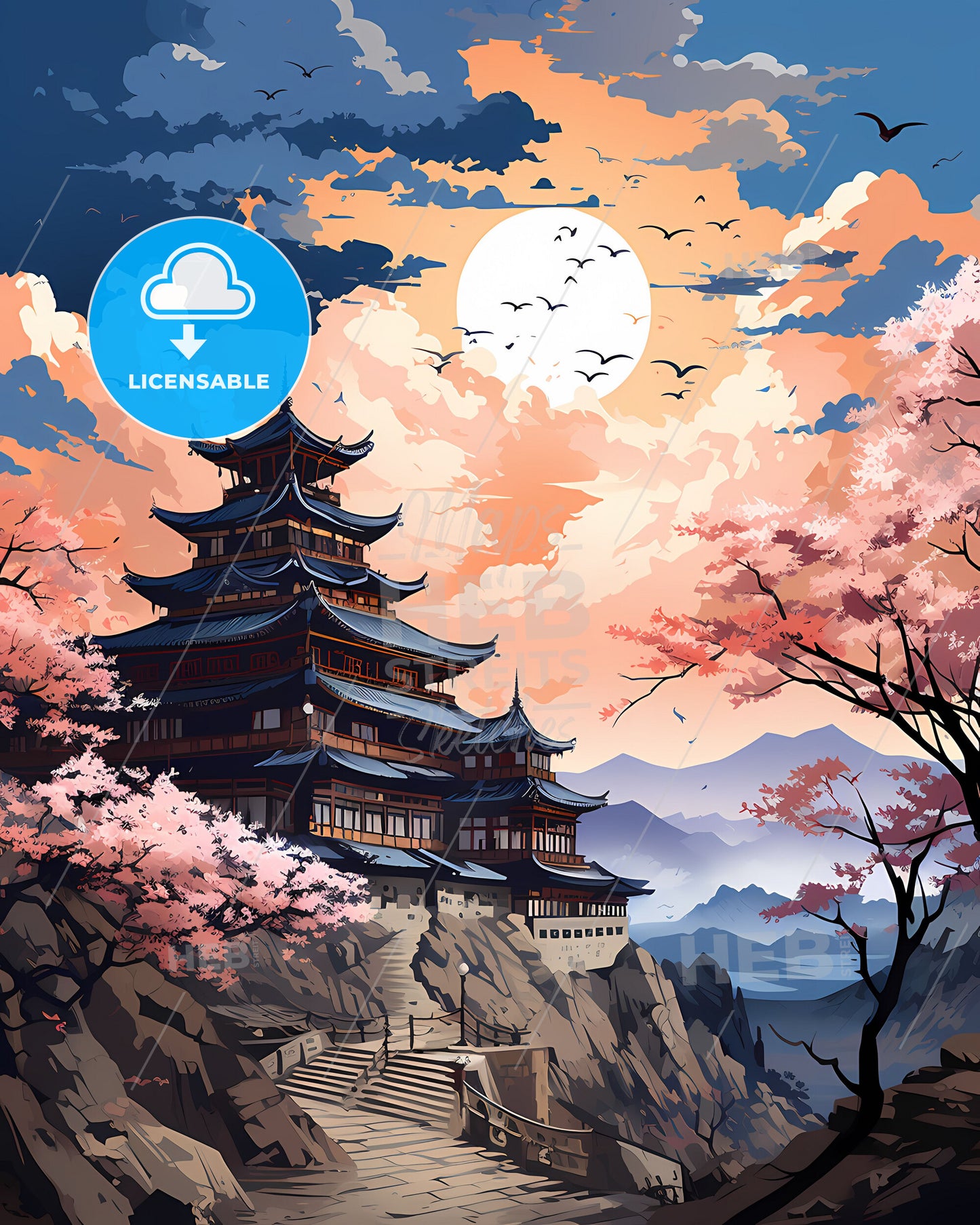 Vibrant Painting of Wuhan Skyline Featuring Hilltop Building, Trees, and Moonlit Night