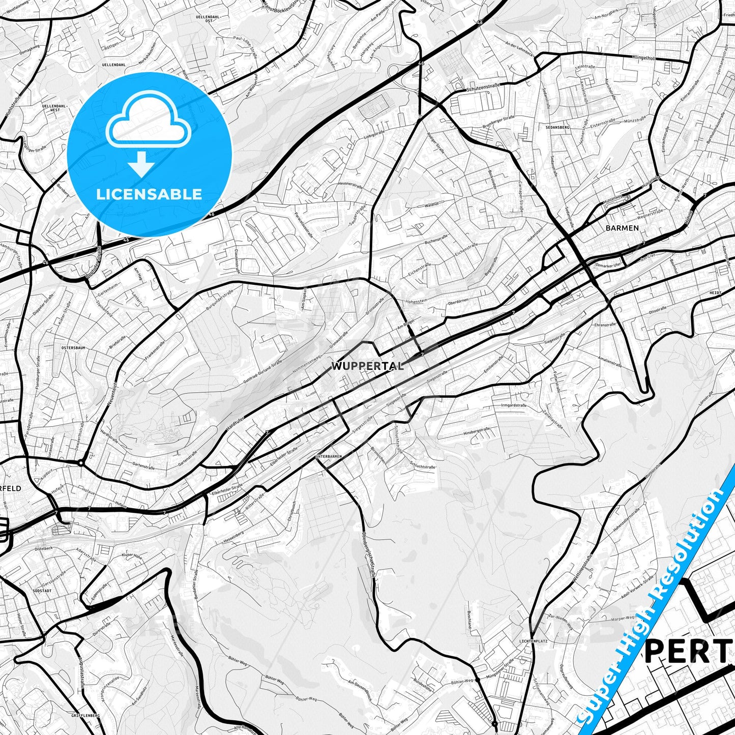 Wuppertal, Germany Light Map with Street Names, City Names, and Districts