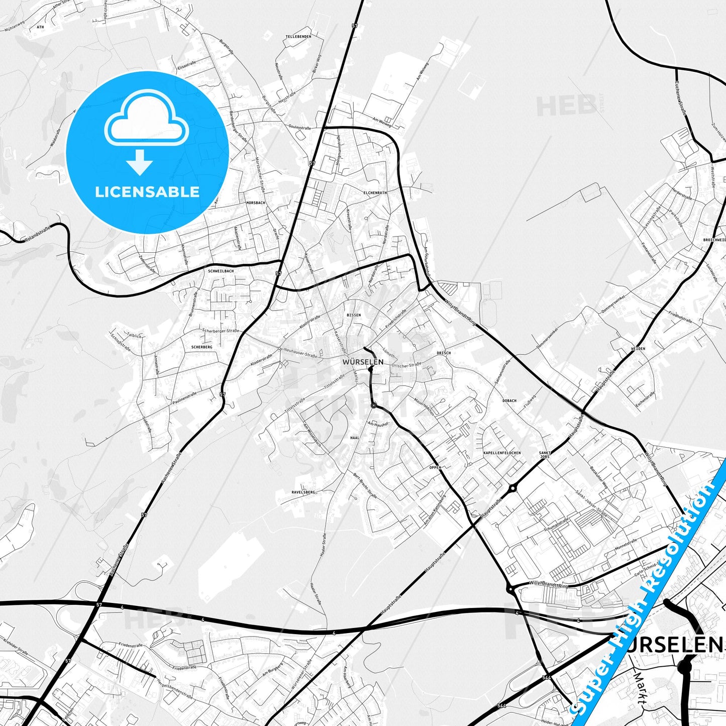 Wurselen, Germany Light Map with Street Names, City Names, and Districts