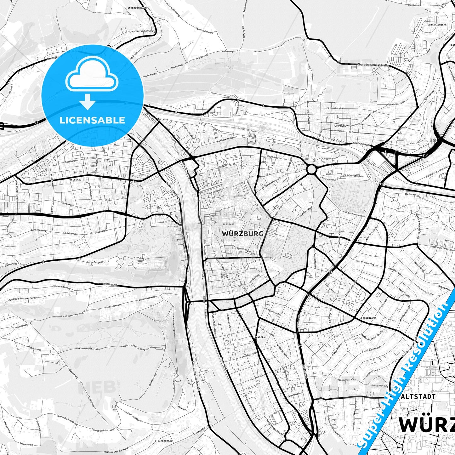 Wurzburg, Germany Light Map with Street Names, City Names, and Districts
