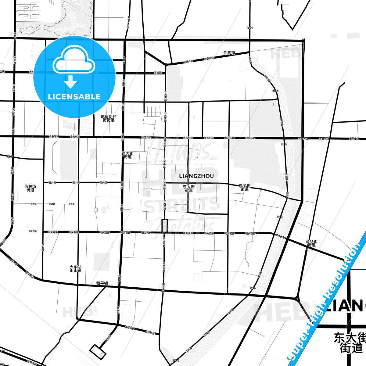 Wuwei, China Light Map with Street Names, City Names, and Districts