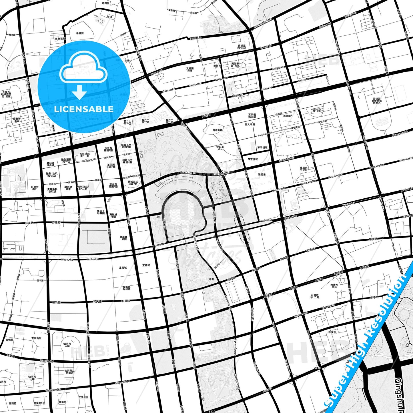 Wuxi, China Light Map with Street Names, City Names, and Districts