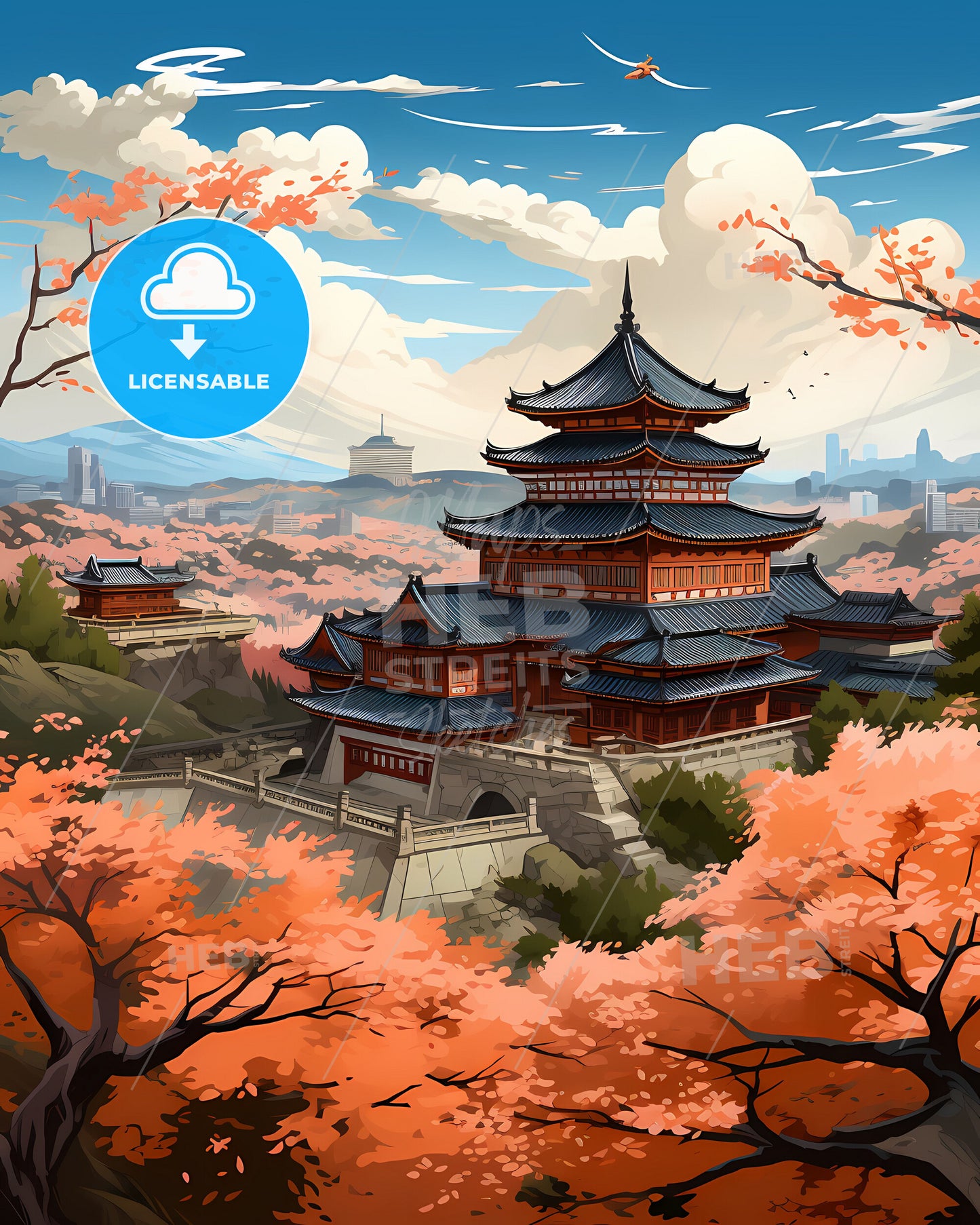 Colorful Impressionistic Cityscape Featuring Pagoda and Trees, Wuxi China Skyline, Art Inspired Scenic Painting