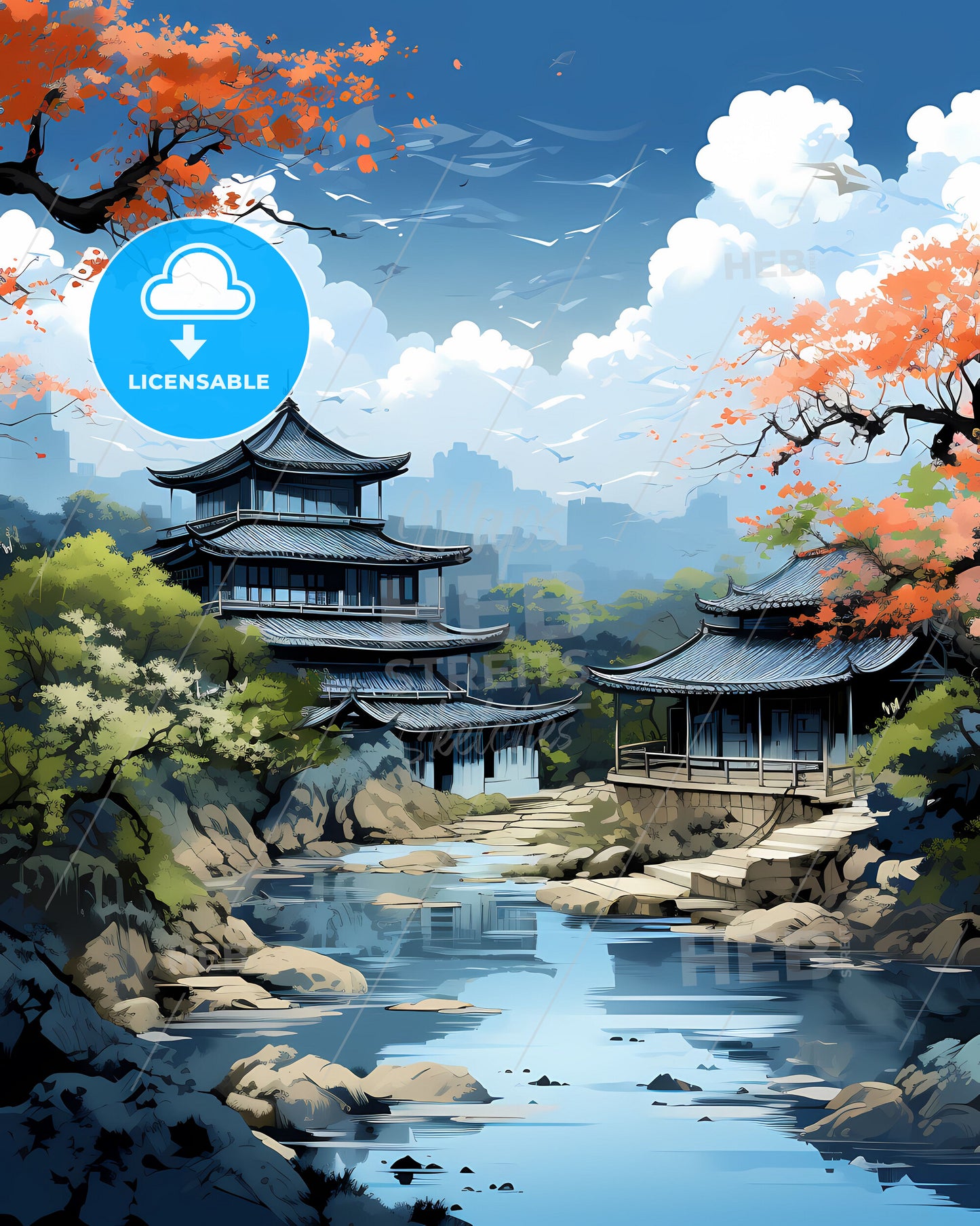 Vibrant Cityscape Painting: Artistic Impression of Wuxi China Skyline by the River