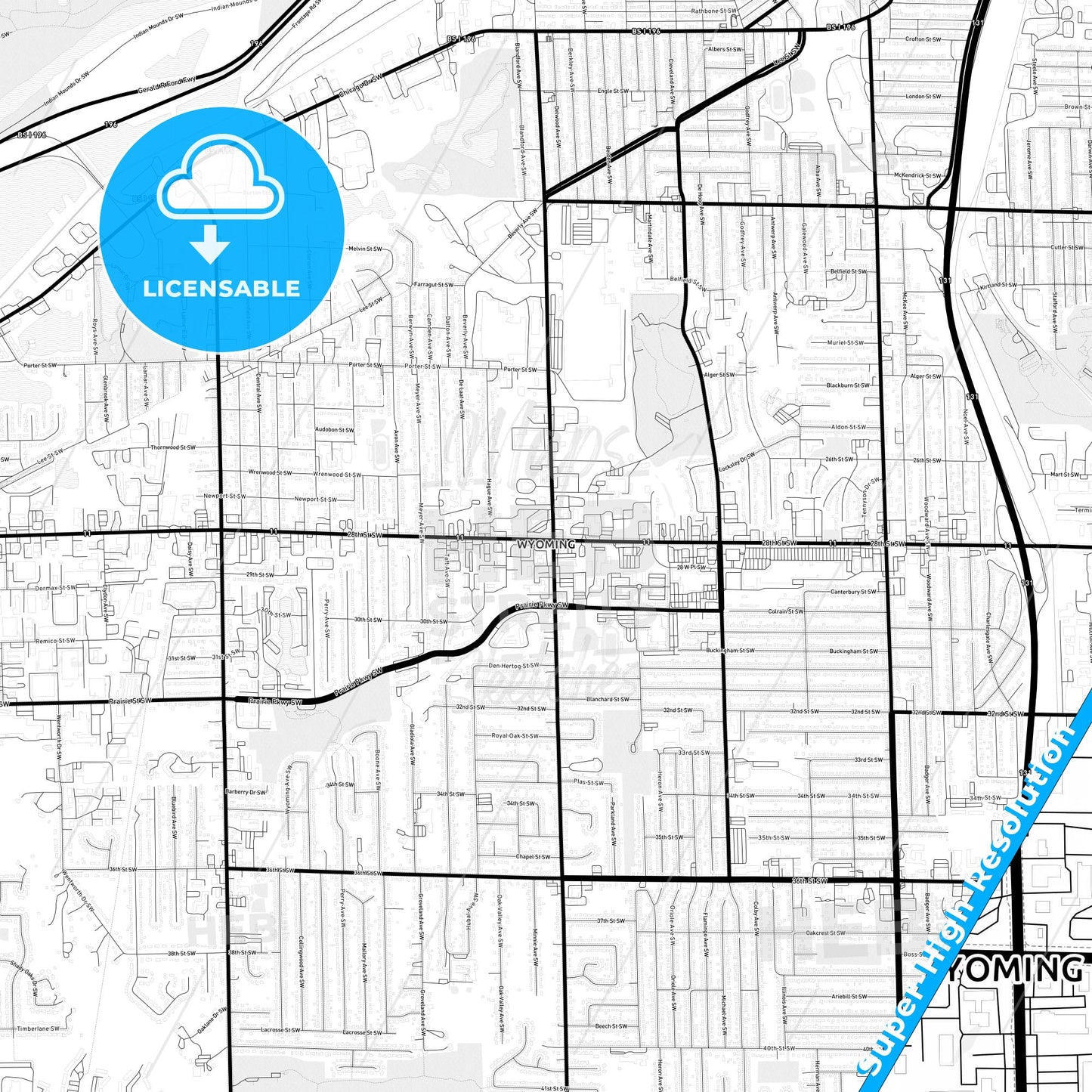 Wyoming, Michigan Light Map with Street Names, City Names, and Districts