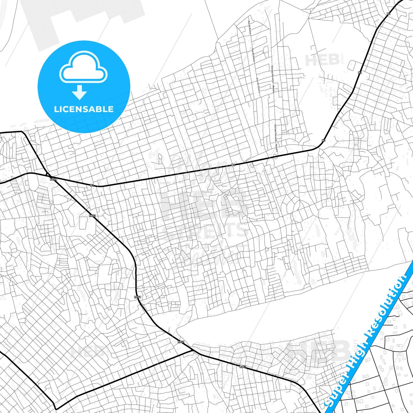 Xai-Xai, Mozambique Light Map with Street Names, City Names, and Districts