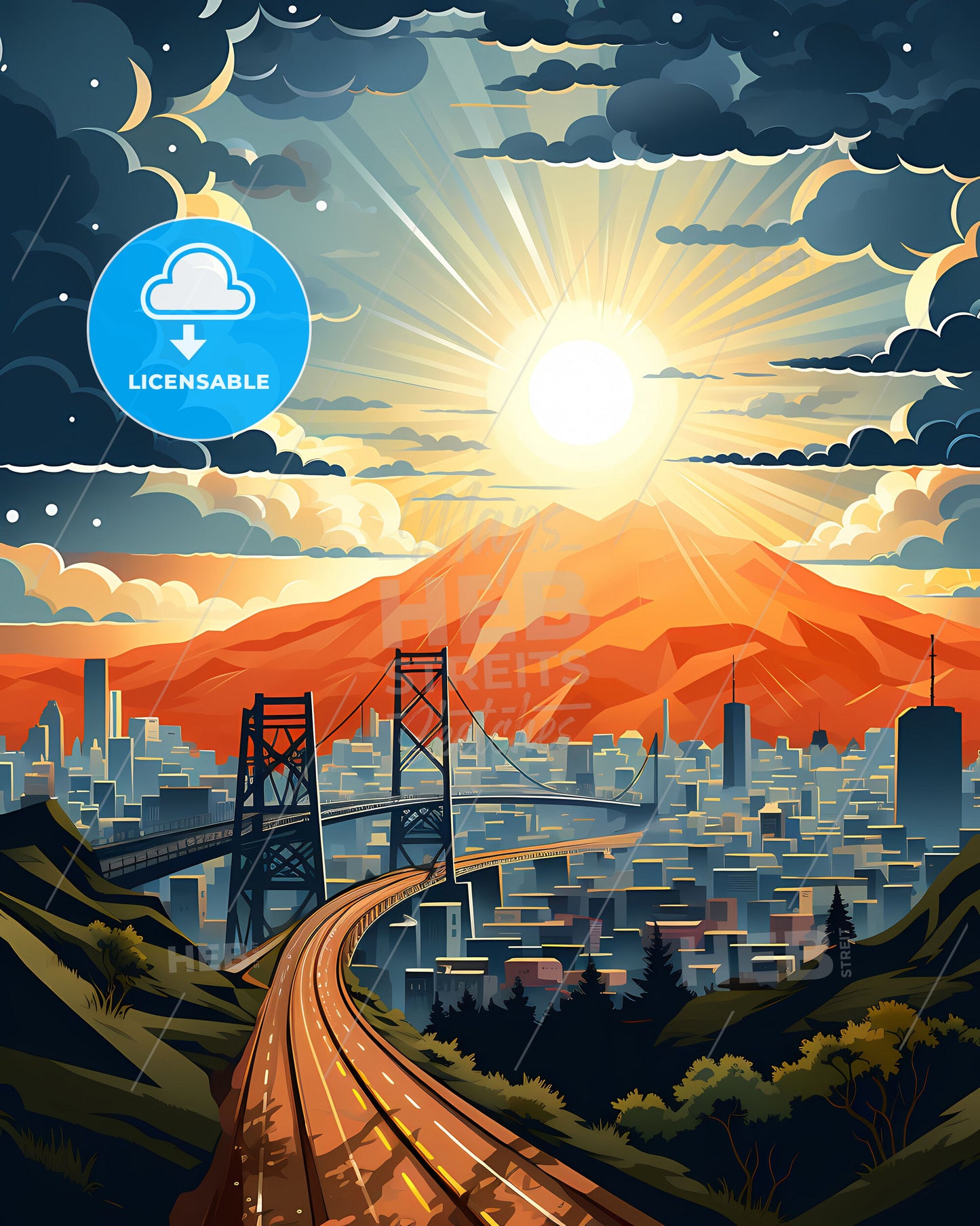 Xi an China Skyline - Art Deco Oil Painting Bridge Cityscape Modern Urban Asian