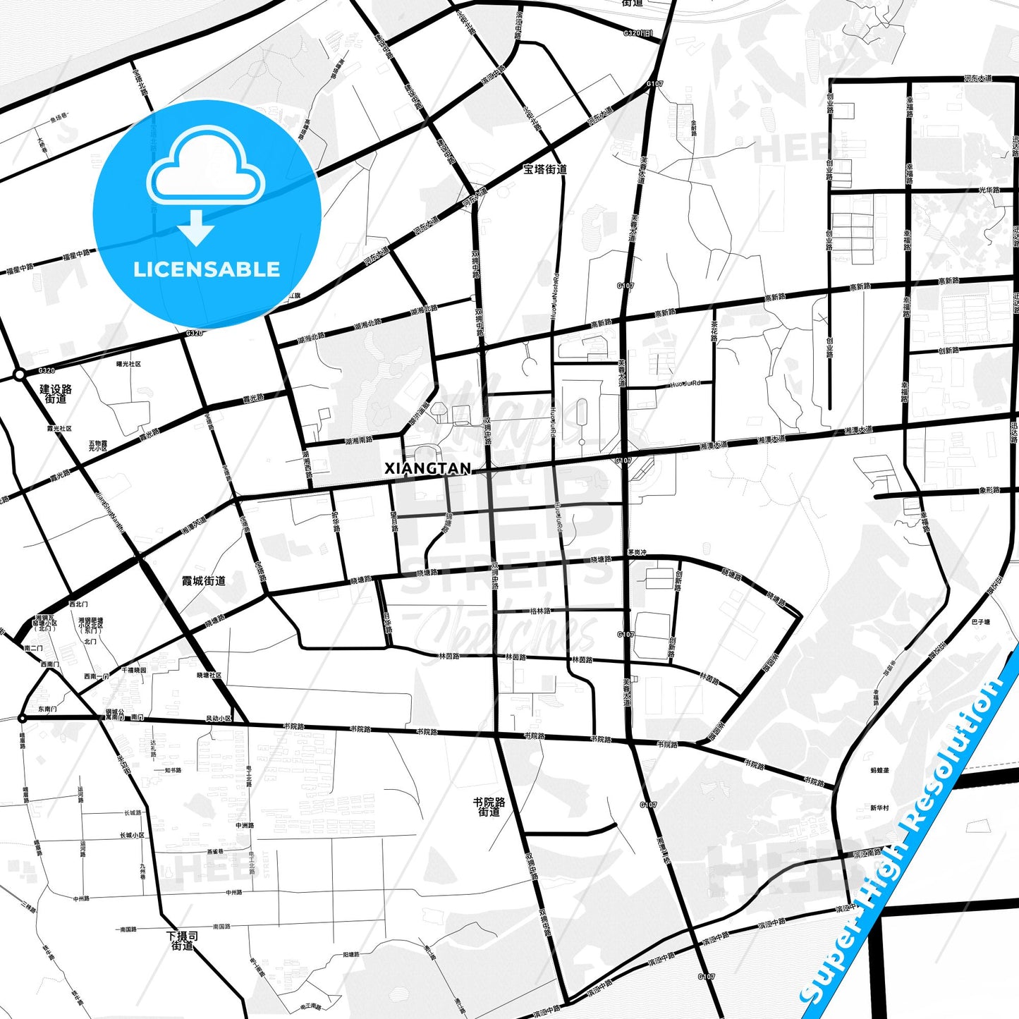 Xiangtan, China Light Map with Street Names, City Names, and Districts