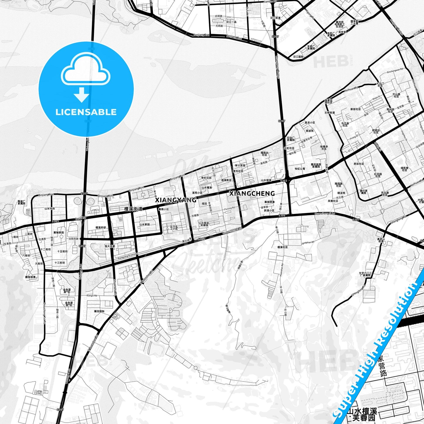 Xiangyang, China Light Map with Street Names, City Names, and Districts