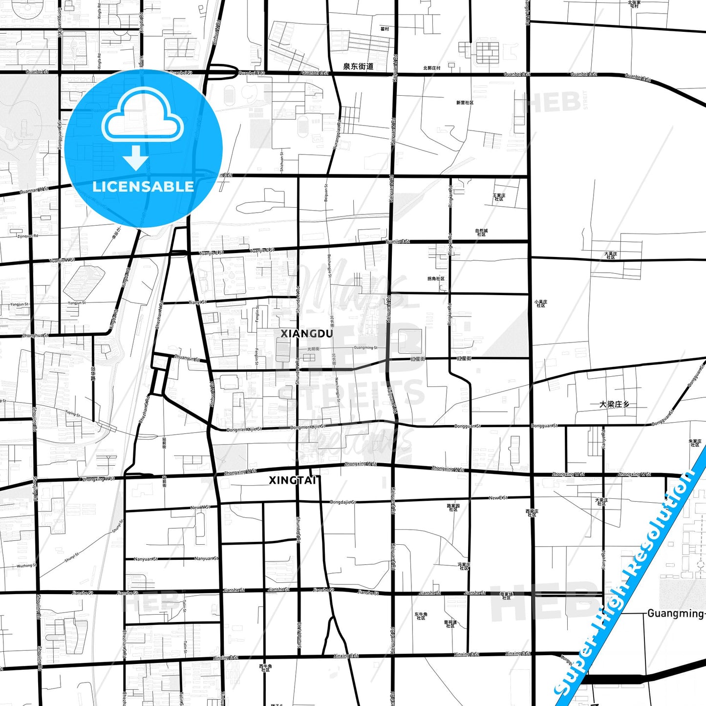 Xingtai, China Light Map with Street Names, City Names, and Districts