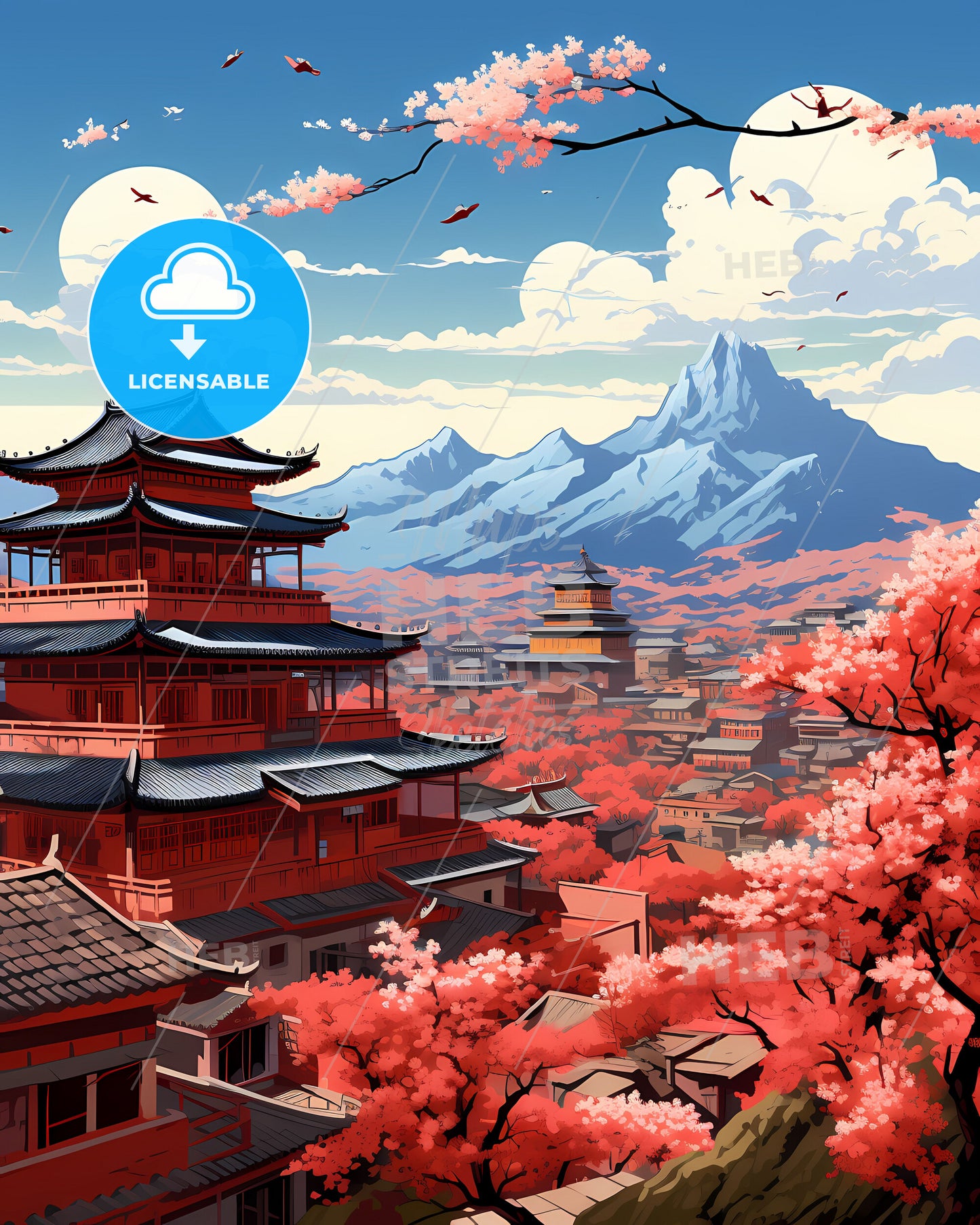 Vibrant Art of Xining Pagoda against Mountain Landscape Depiction