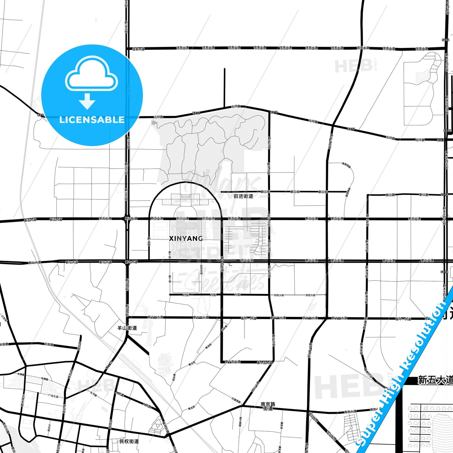 Xinyang, China Light Map with Street Names, City Names, and Districts