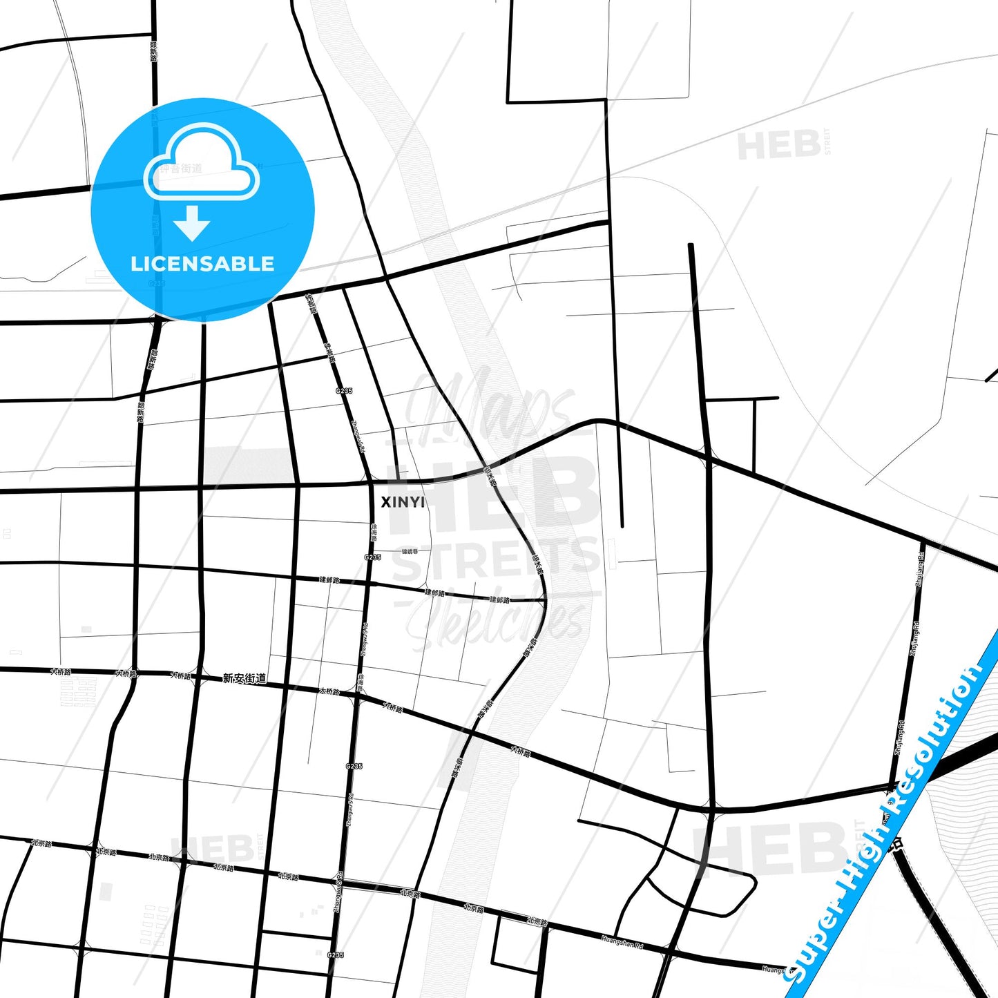Xinyi, China Light Map with Street Names, City Names, and Districts