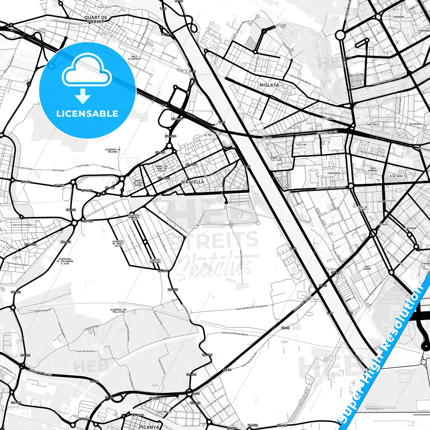 Xirivella, Spain Light Map with Street Names, City Names, and Districts