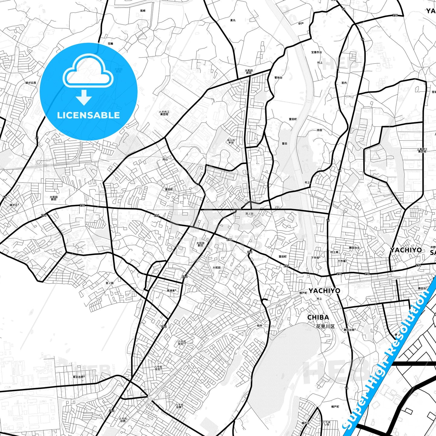 Yachiyo, Japan Light Map with Street Names, City Names, and Districts