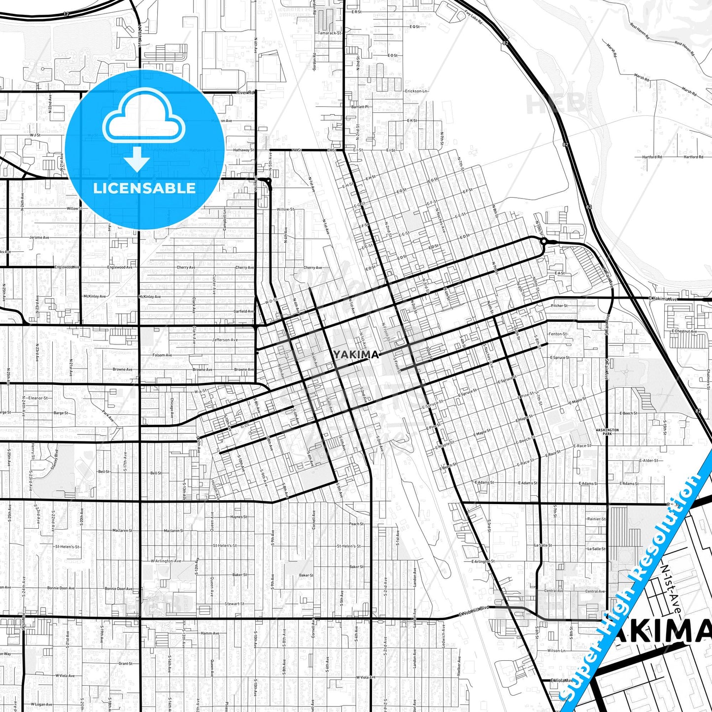 Yakima, Washington Light Map with Street Names, City Names, and Districts