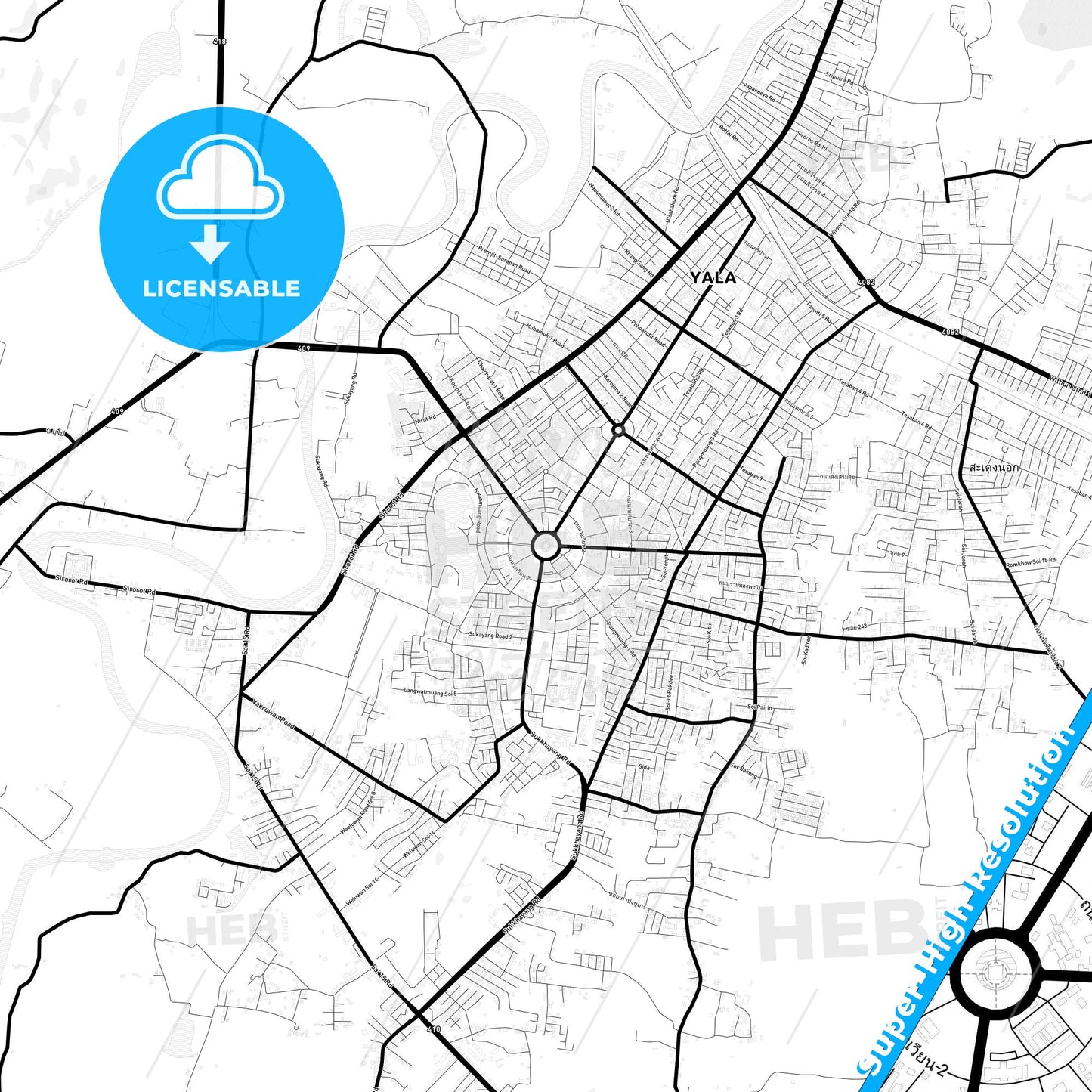 Yala, Thailand Light Map with Street Names, City Names, and Districts