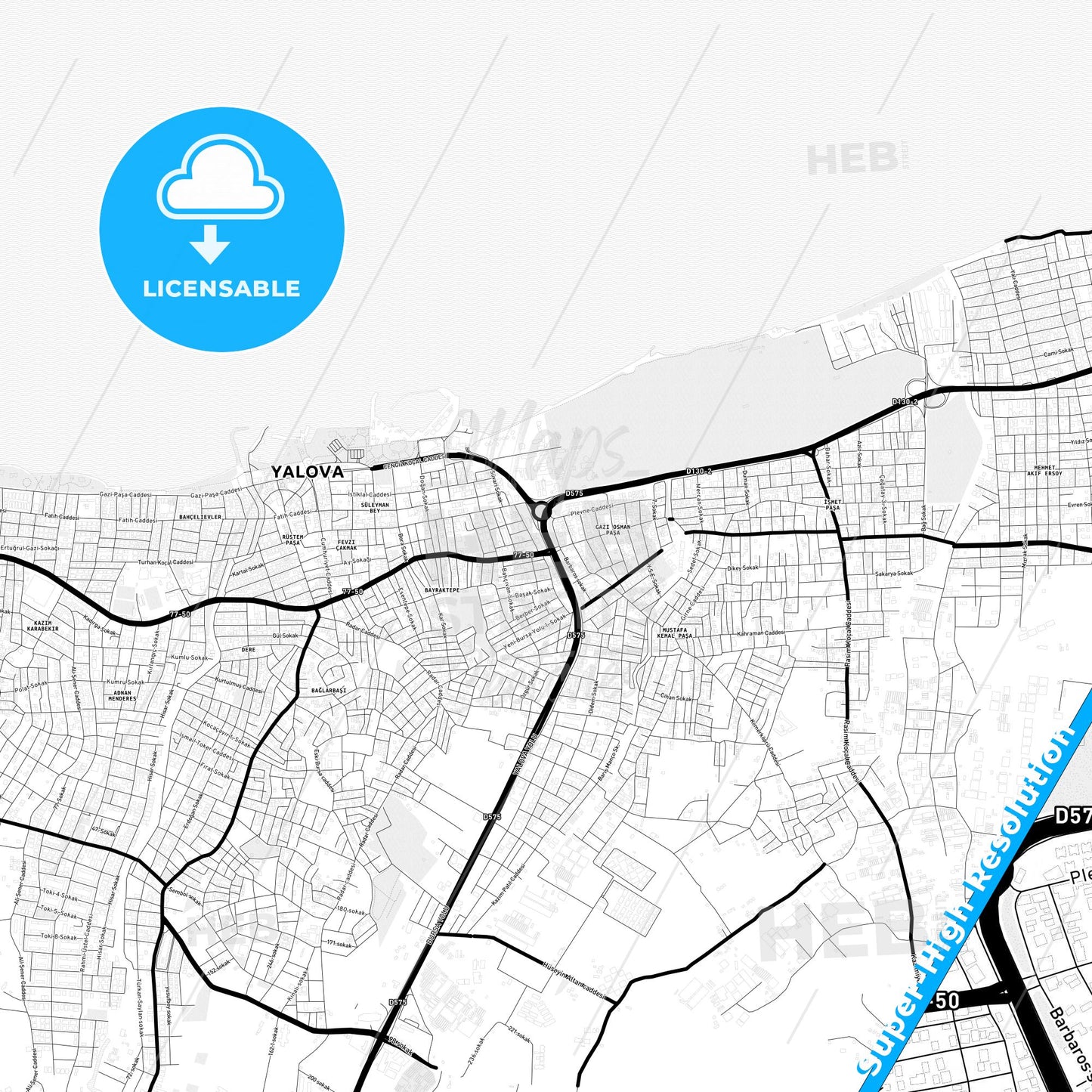 Yalova, Turkey Light Map with Street Names, City Names, and Districts