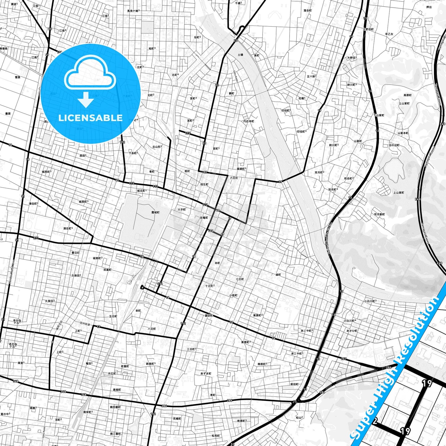 Yamagata, Japan Light Map with Street Names, City Names, and Districts