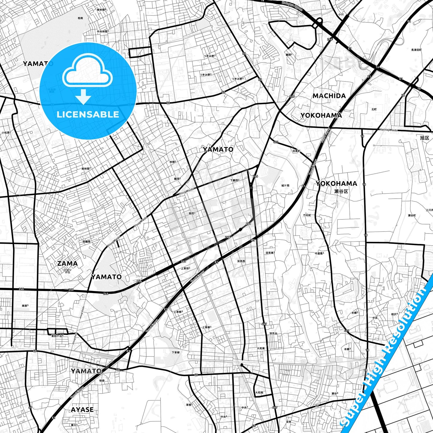 Yamato, Japan Light Map with Street Names, City Names, and Districts