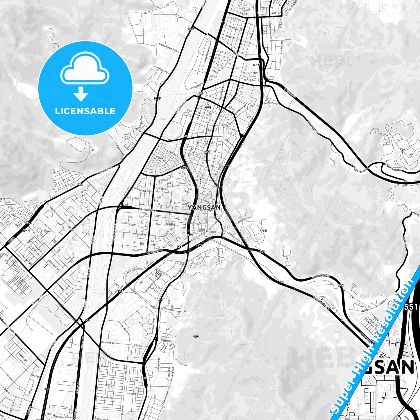 Yangsan, South Korea Light Map with Street Names, City Names, and Districts