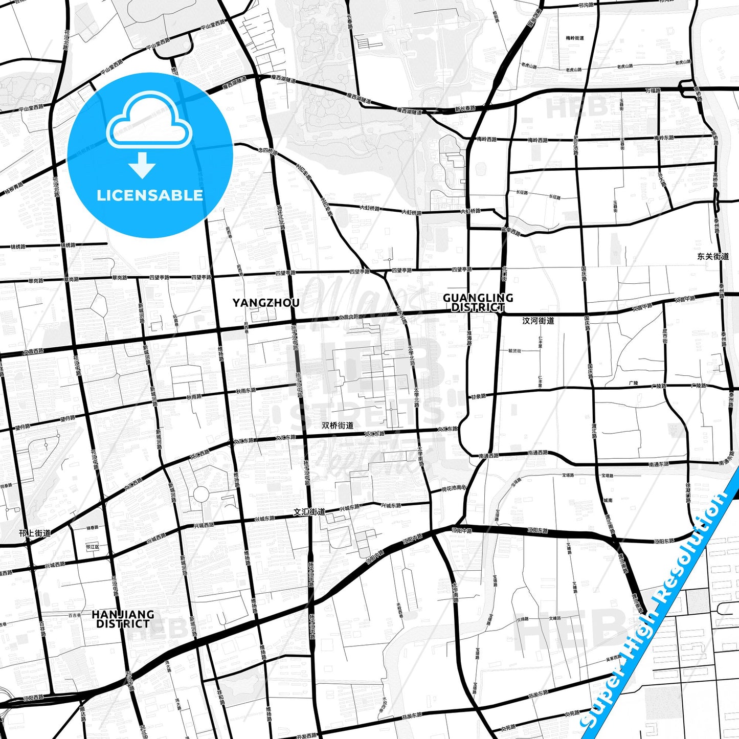 Yangzhou, China Light Map with Street Names, City Names, and Districts
