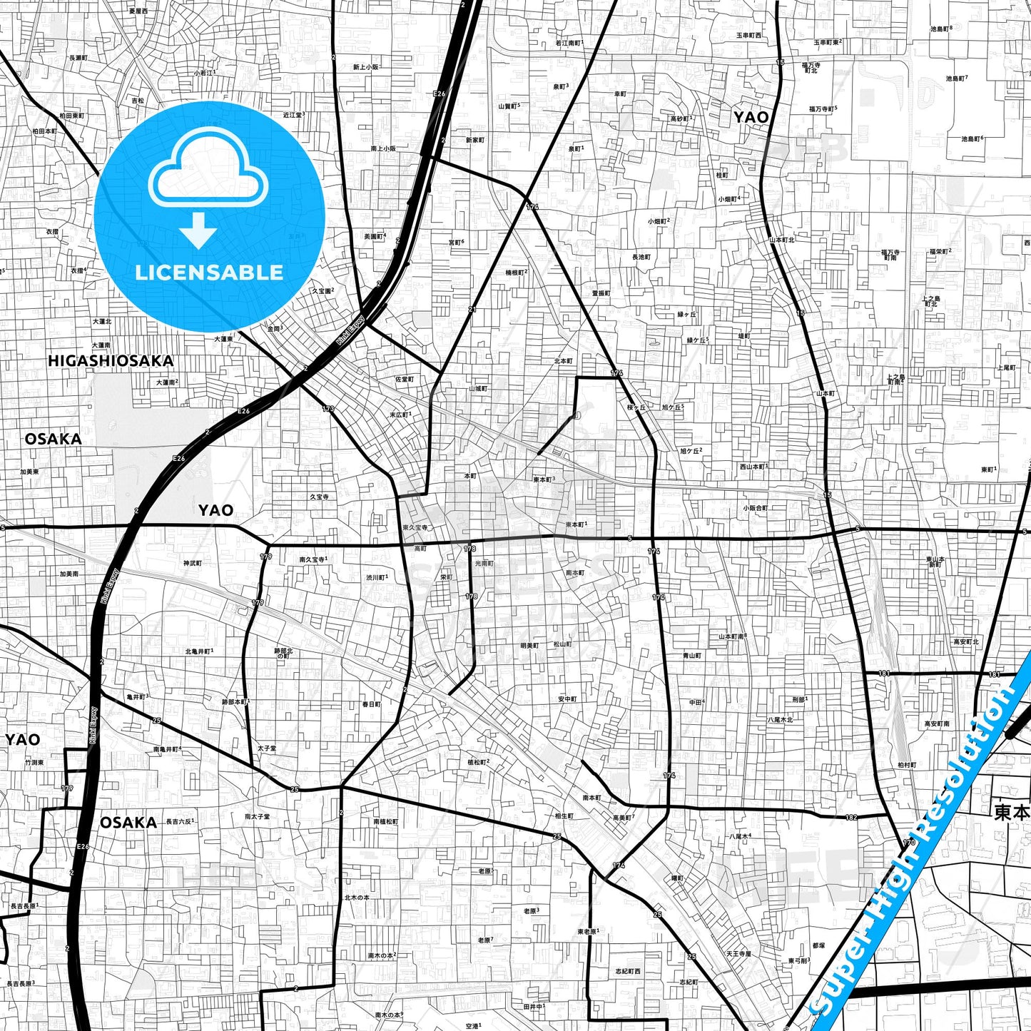 Yao, Japan Light Map with Street Names, City Names, and Districts
