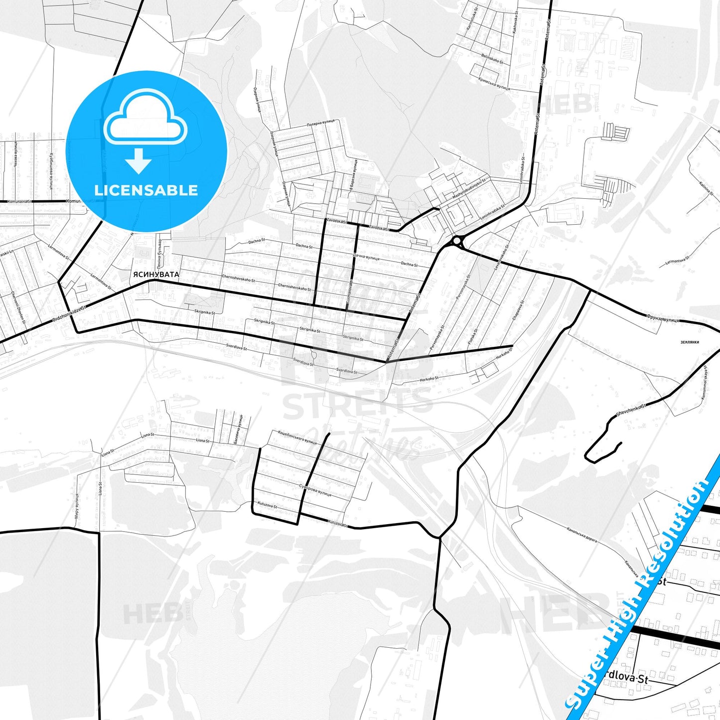 Yasynuvata, Ukraine Light Map with Street Names, City Names, and Districts
