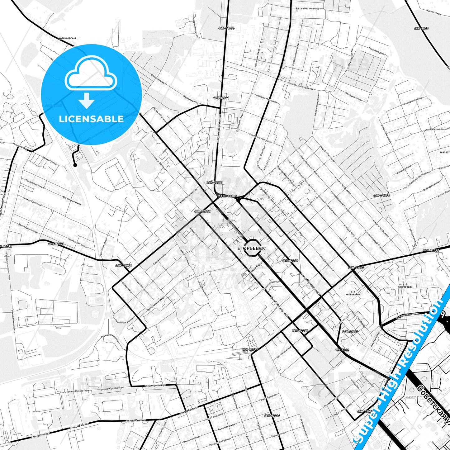 Yegoryevsk, Russia Light Map with Street Names, City Names, and Districts