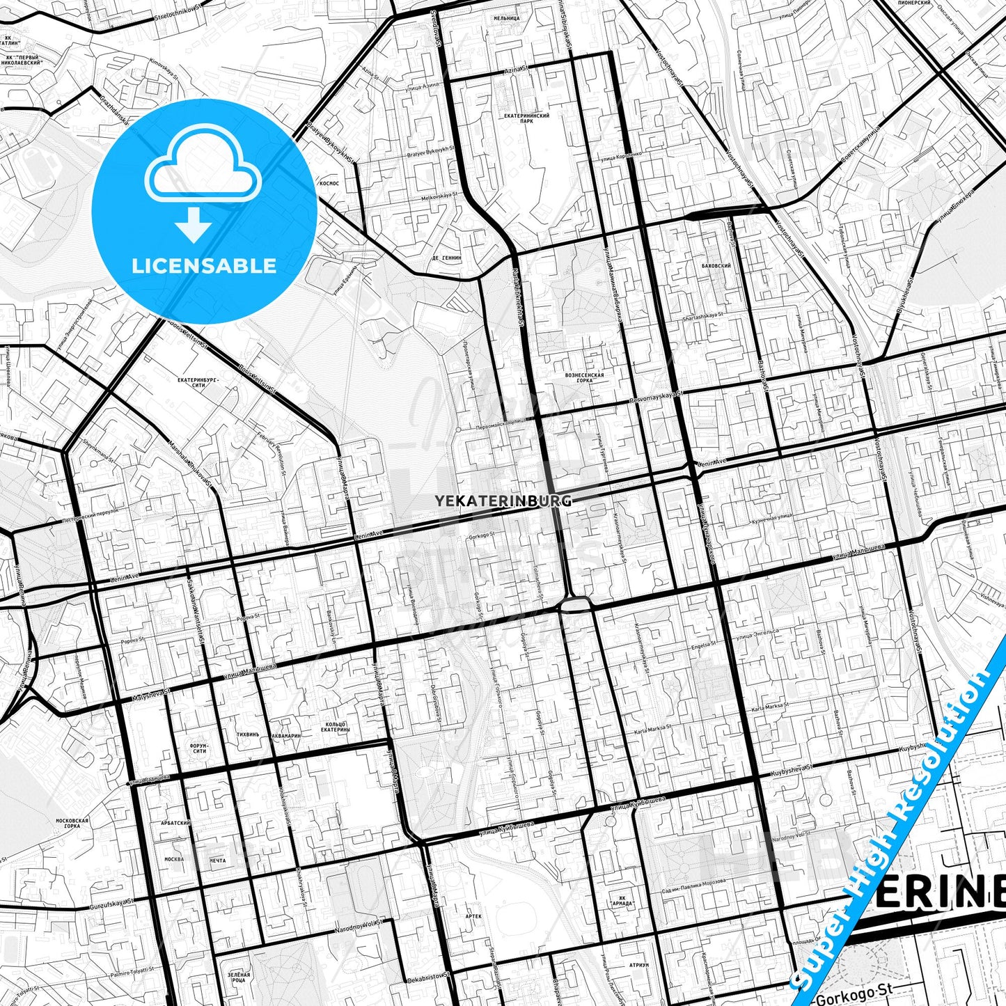 Yekaterinburg, Russia Light Map with Street Names, City Names, and Districts