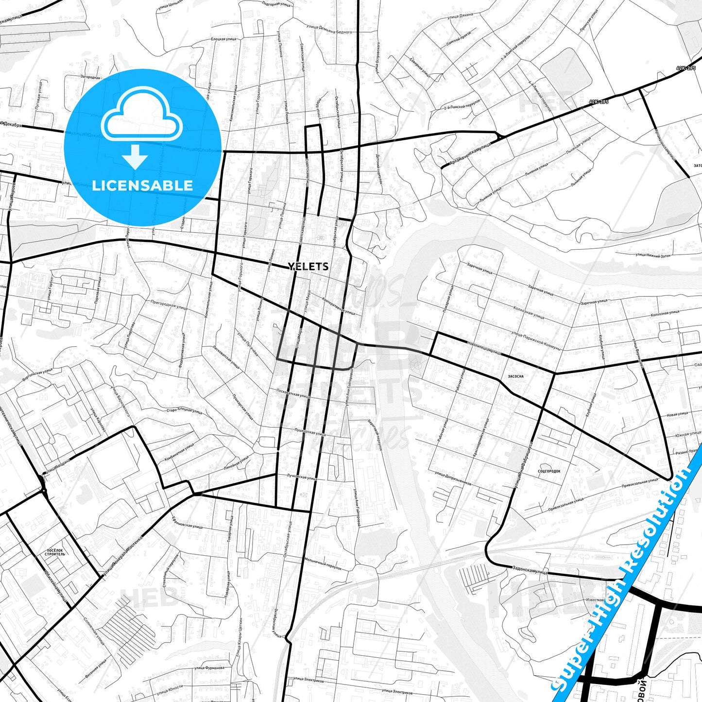 Yelets, Russia Light Map with Street Names, City Names, and Districts