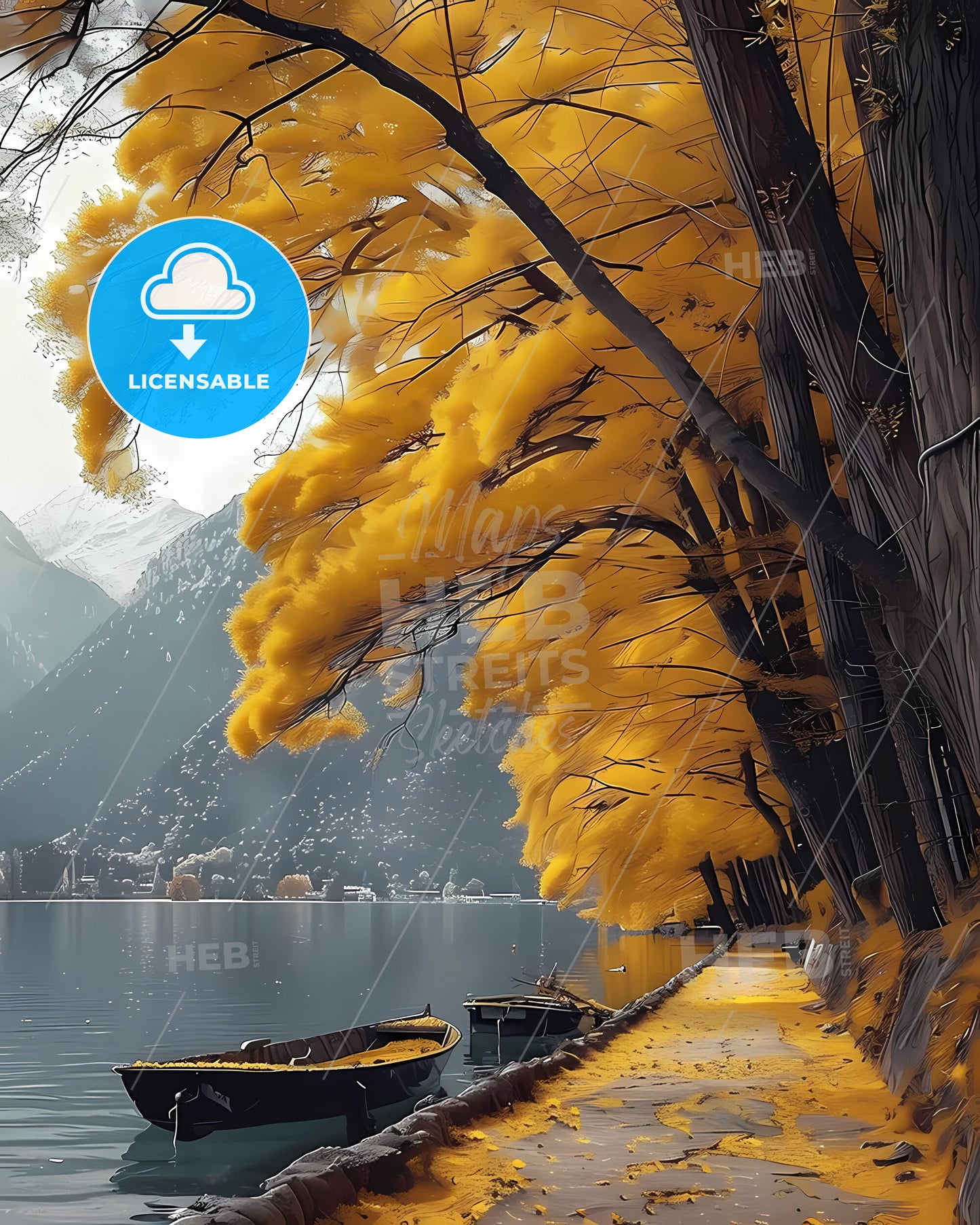 Tranquil Autumn Lakeside Serenity: Vibrant Path, Boats, and Golden Foliage