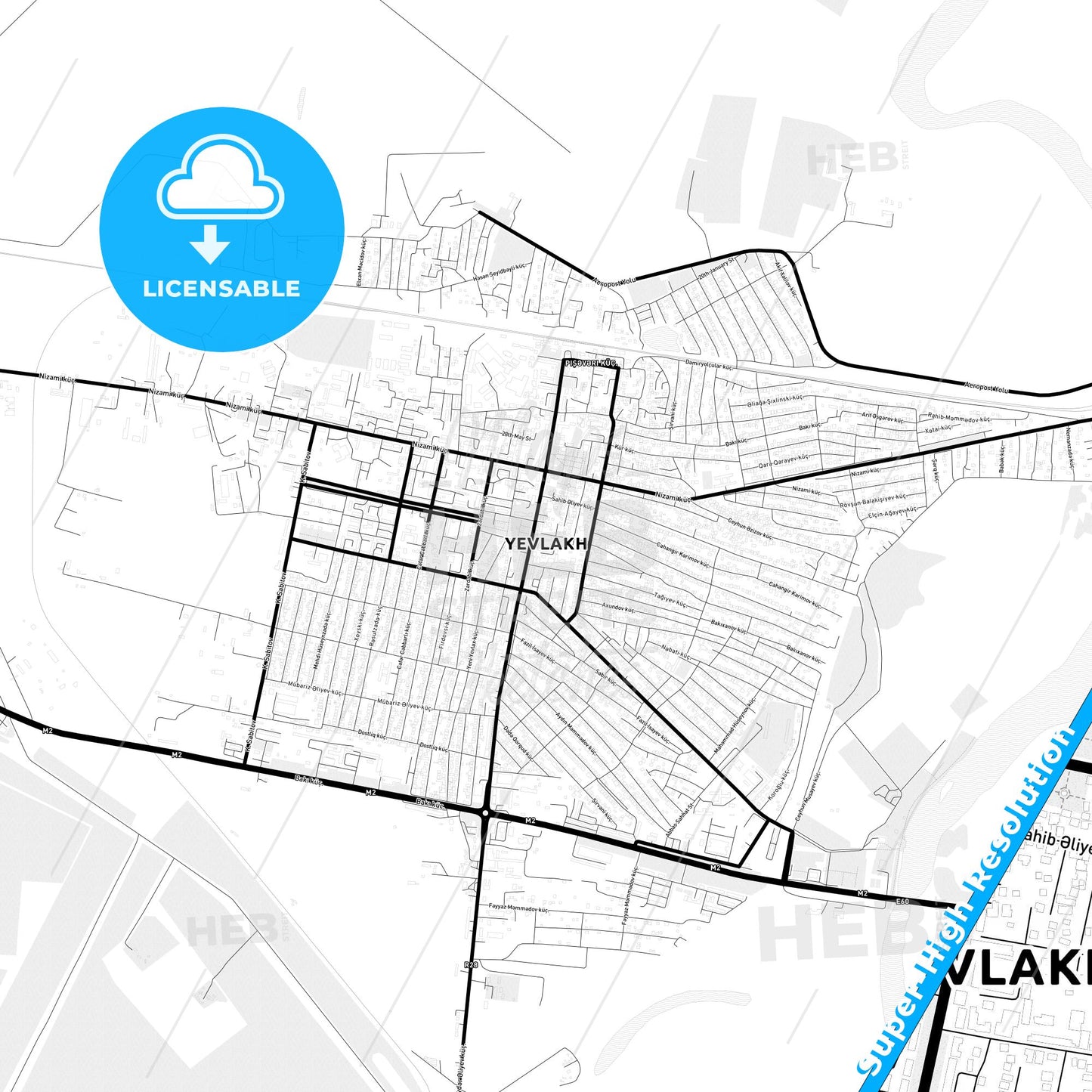 Yevlakh, Azerbaijan Light Map with Street Names, City Names, and Districts