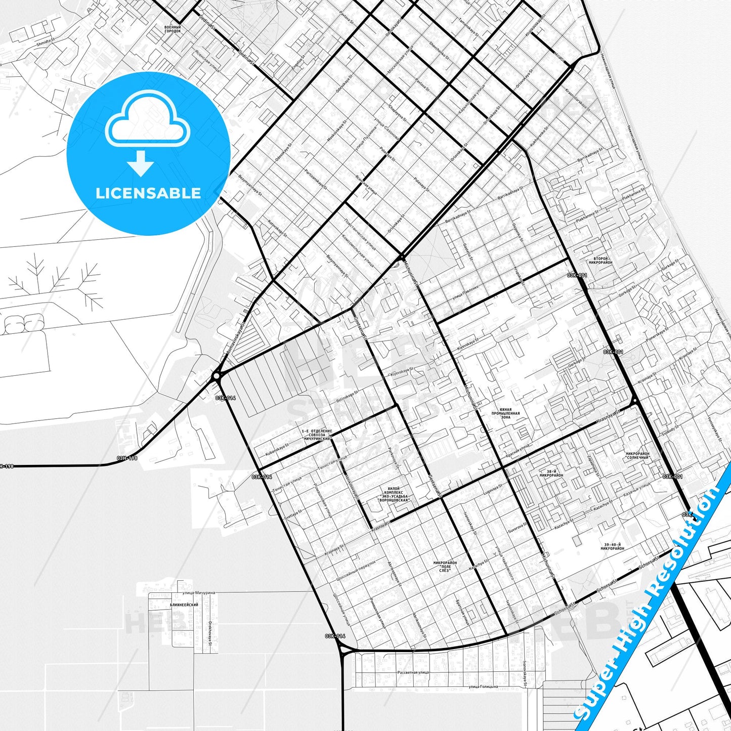 Yeysk, Russia Light Map with Street Names, City Names, and Districts