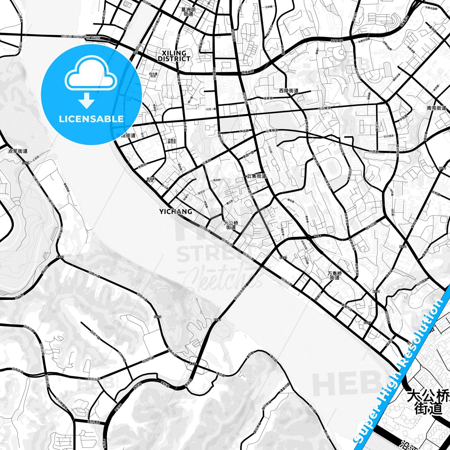 Yichang, China Light Map with Street Names, City Names, and Districts