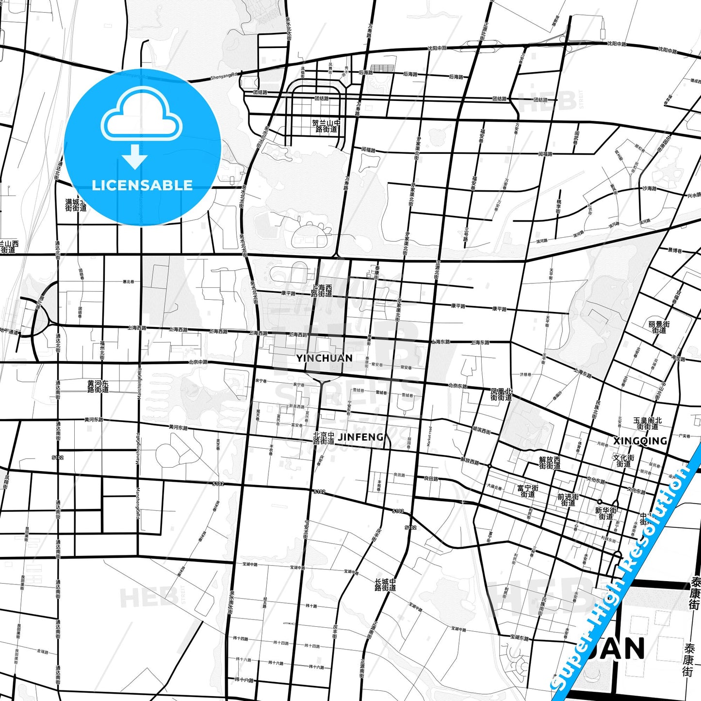 Yinchuan, China Light Map with Street Names, City Names, and Districts